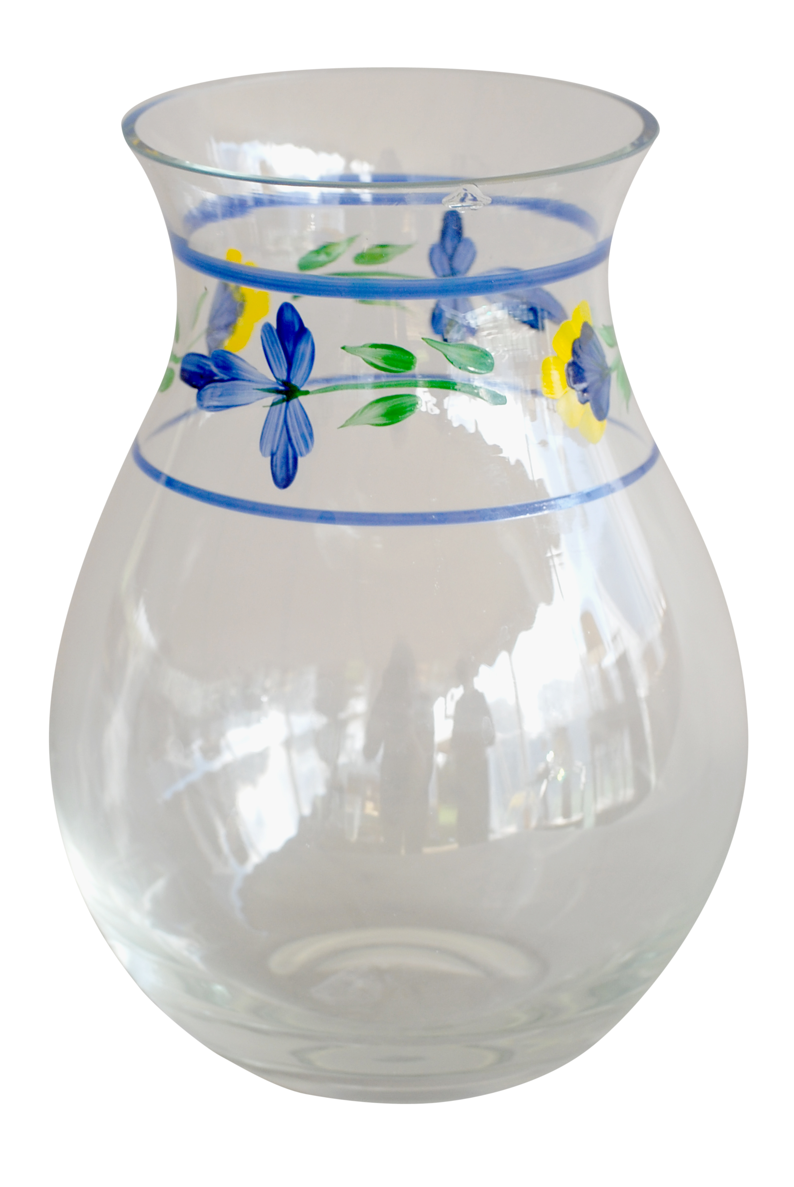 07 Hand painted glass vase w-floral design chipped blue-green-yellow